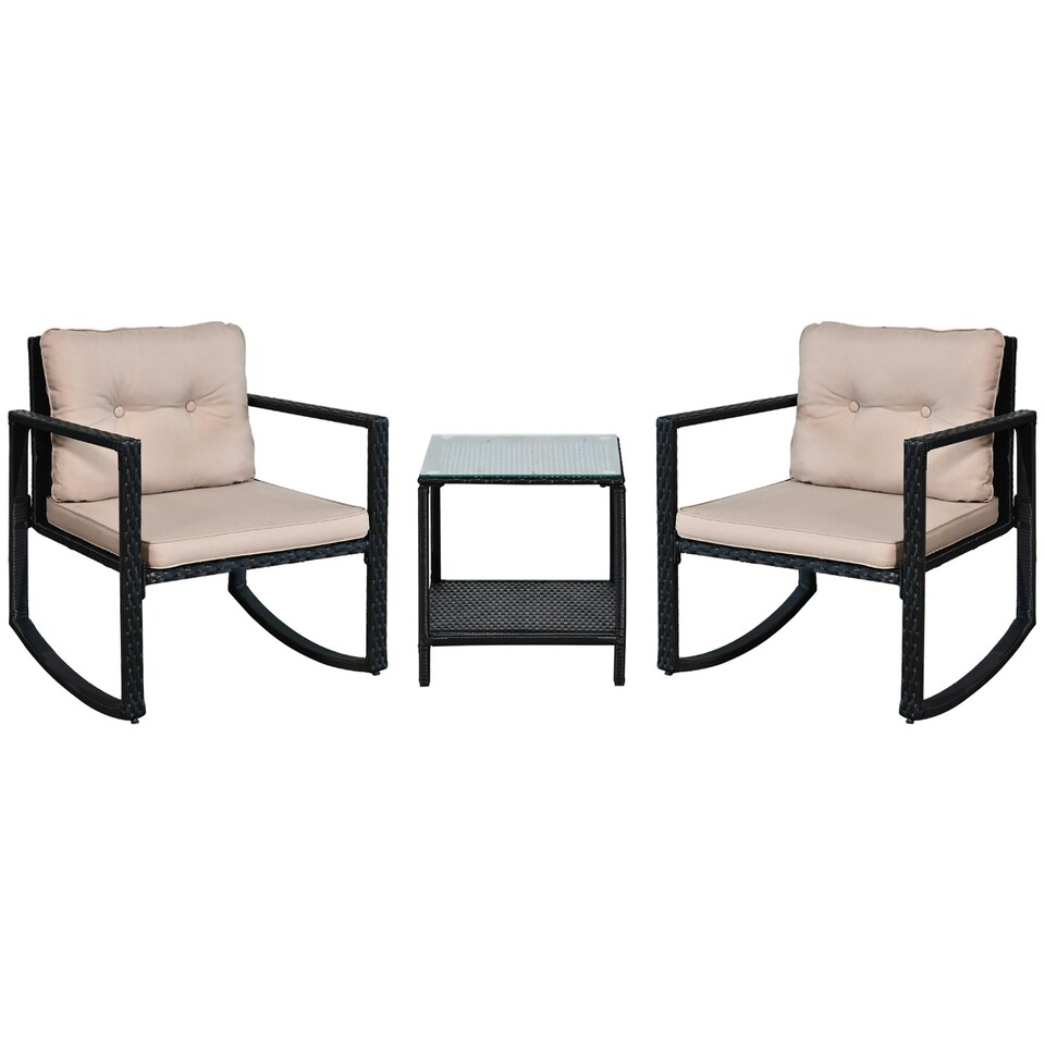 image 1 of Outsunny 3Pcs Rattan Rocking Set Patio Table Chairs Conversation