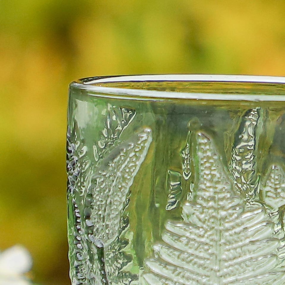 image 1 of Set of 2 Vintage Luxury Green Leaf Embossed Drinking Glass Tumblers 260ml