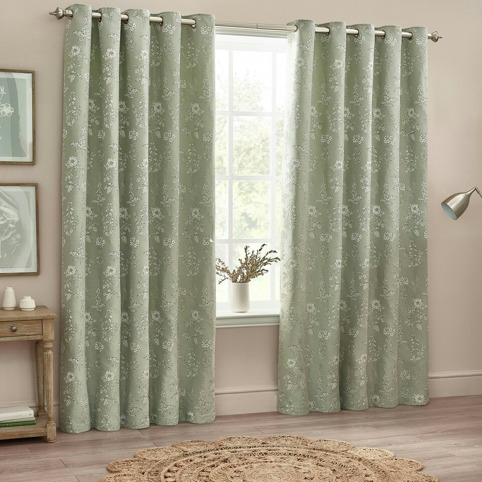 image 1 of Wylder Floral Jacquard Sage Eyelet Curtains (W)168cm x (D)183cm | Multi