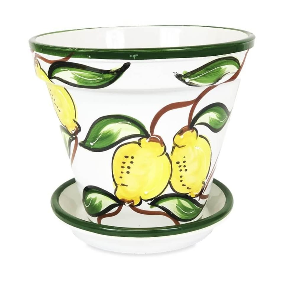 image 1 of Verano Spanish Ceramics Set of 3 Plant Pots & Drainage Plates - 16-29cm Lemons