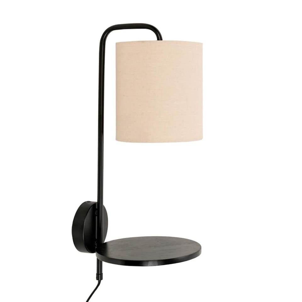 image 1 of ValueLights Ryan Natural Shade Black Metal Wall Light Wood Shelf & Bulb | Black