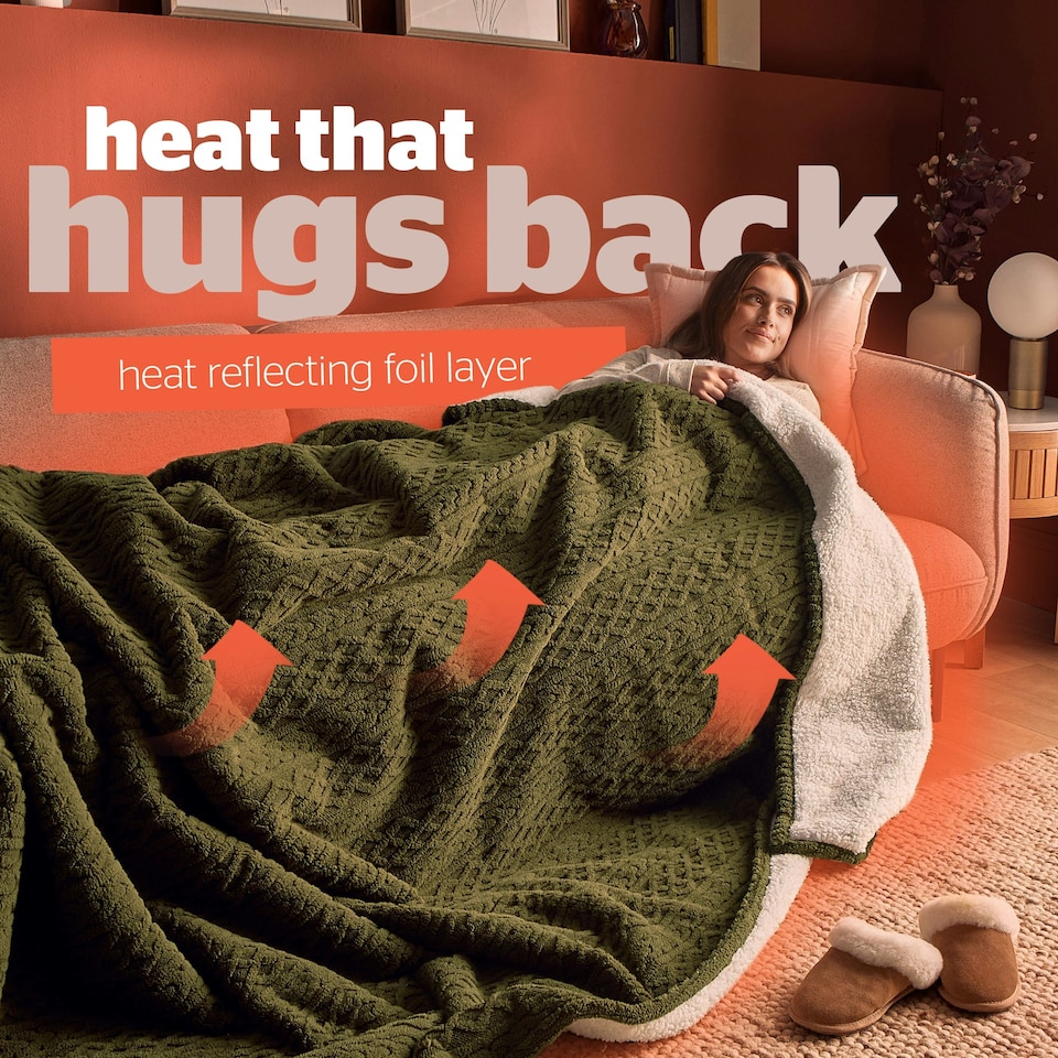 image 1 of Silentnight Heat Genie Self Heating Giant Blanket Green Cable Knit Green