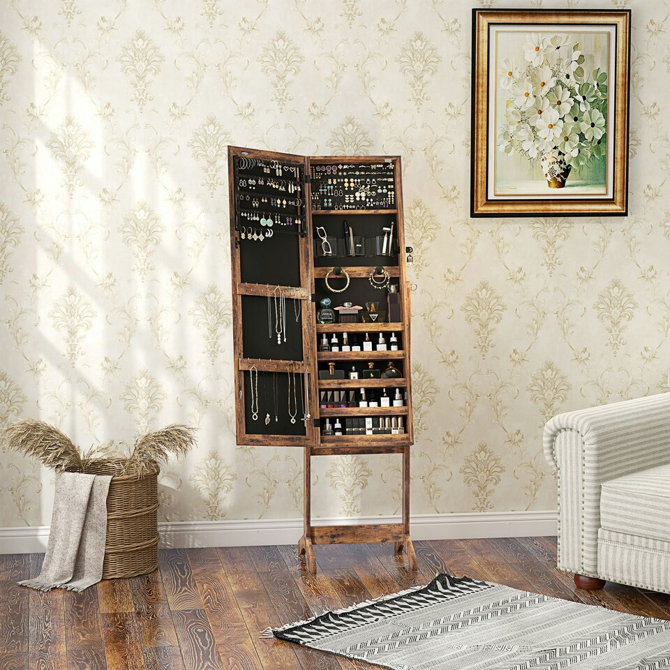 image 1 of HOMCOM Mirrored Jewellery Cabinet W/ LED Light Lockable Jewellery Rustic Brown Brown | One Size