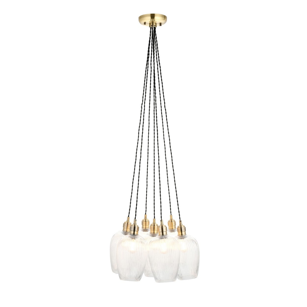 Livorno Cluster Pendant Ceiling Light Antique Brass Plate & Clear Ribbed Glass 7 x 10W LED E27
