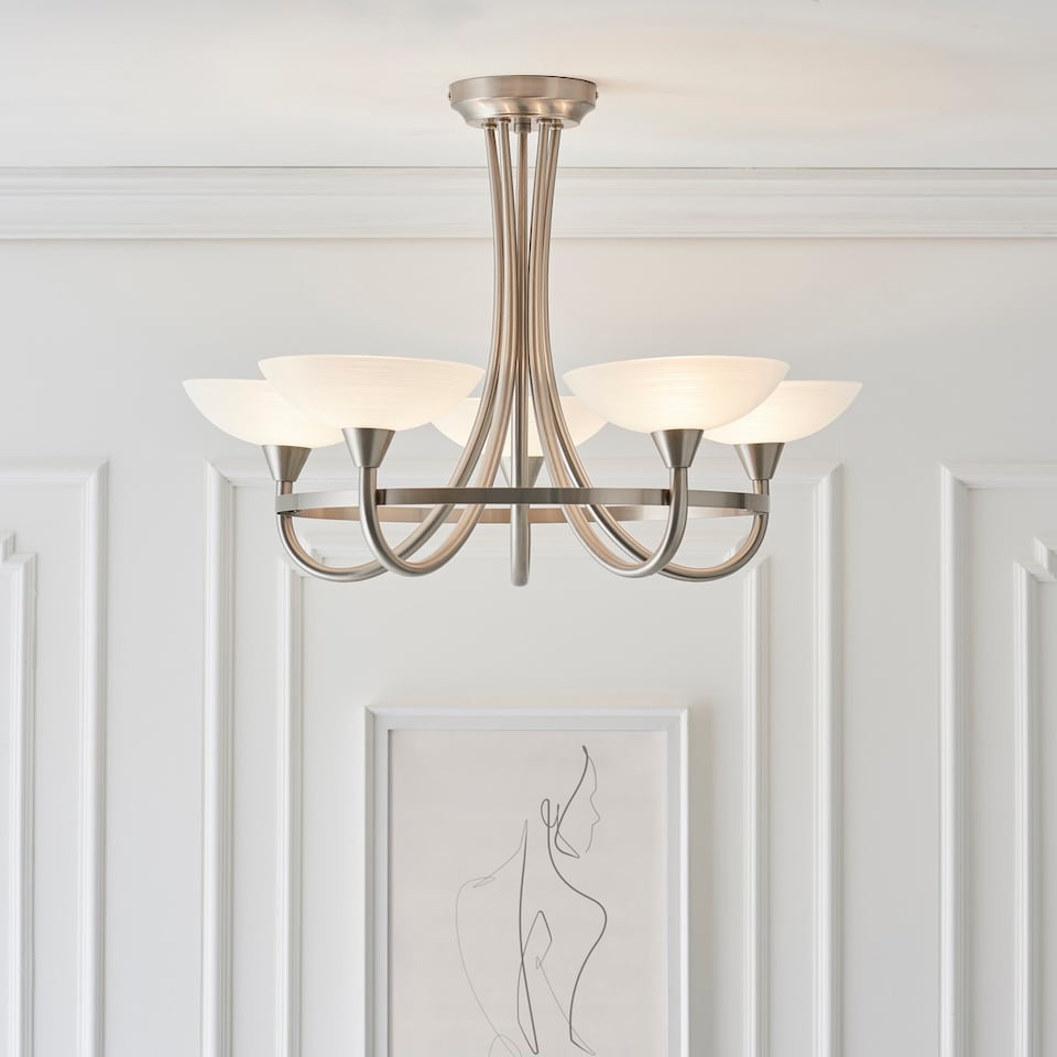 image 1 of Cagney 5 Light Semi Flush Multi Arm Ceiling Light Satin Chrome, White Painted Glass with Faint Line Pattern, G9