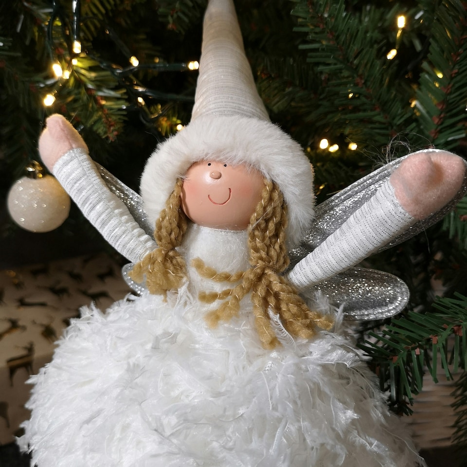 image 1 of 45cm Premier Christmas Standing Angel Decoration with Feather Skirt in White & Silver