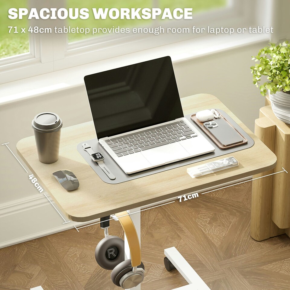 image 1 of HOMCOM Standing Desk Mobile Overbed Table w/ Wheels for Home Office Natural