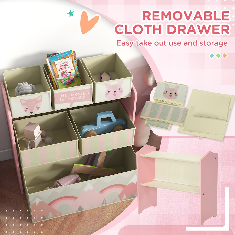 image 1 of ZONEKIZ Kids Storage Unit with 6 Boxes, Childrens Toy Storage Organiser, Pink