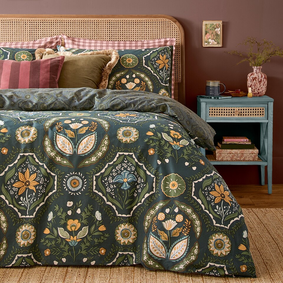 image 1 of Furn Ember Reversible Printed Duvet Cover Set, Midnight Green