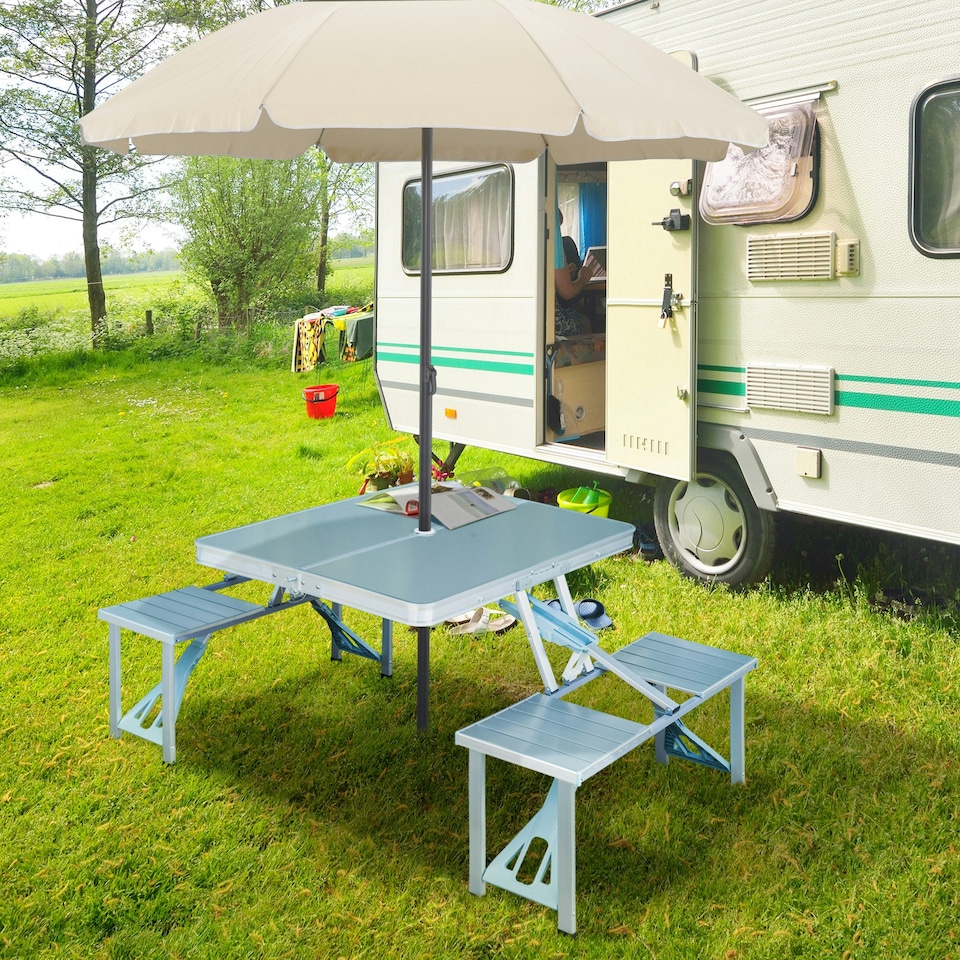 image 1 of Outsunny Portable Folding Trestle Camping Picnic Table Outdoor Chair Stools