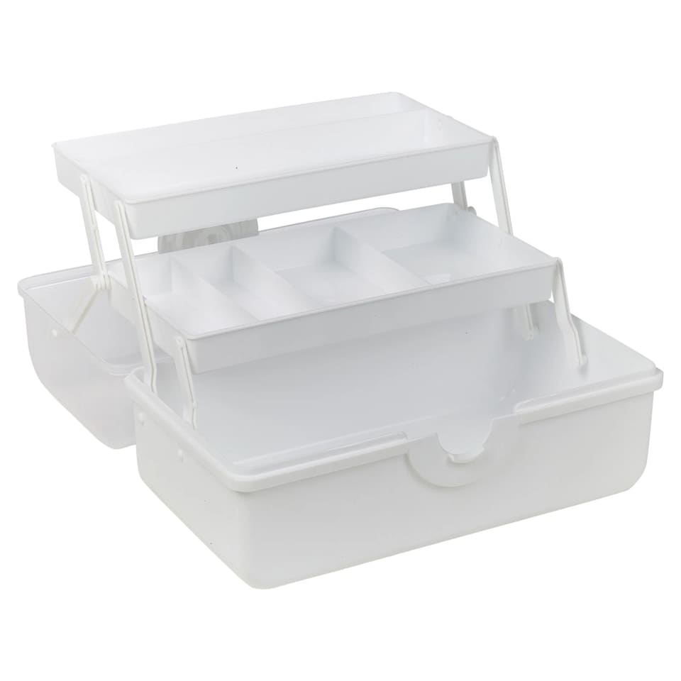 image 1 of Plastic Cantilever Sewing Craft Box 3 Tier Tray Organiser Storage Compartments | Multi | White