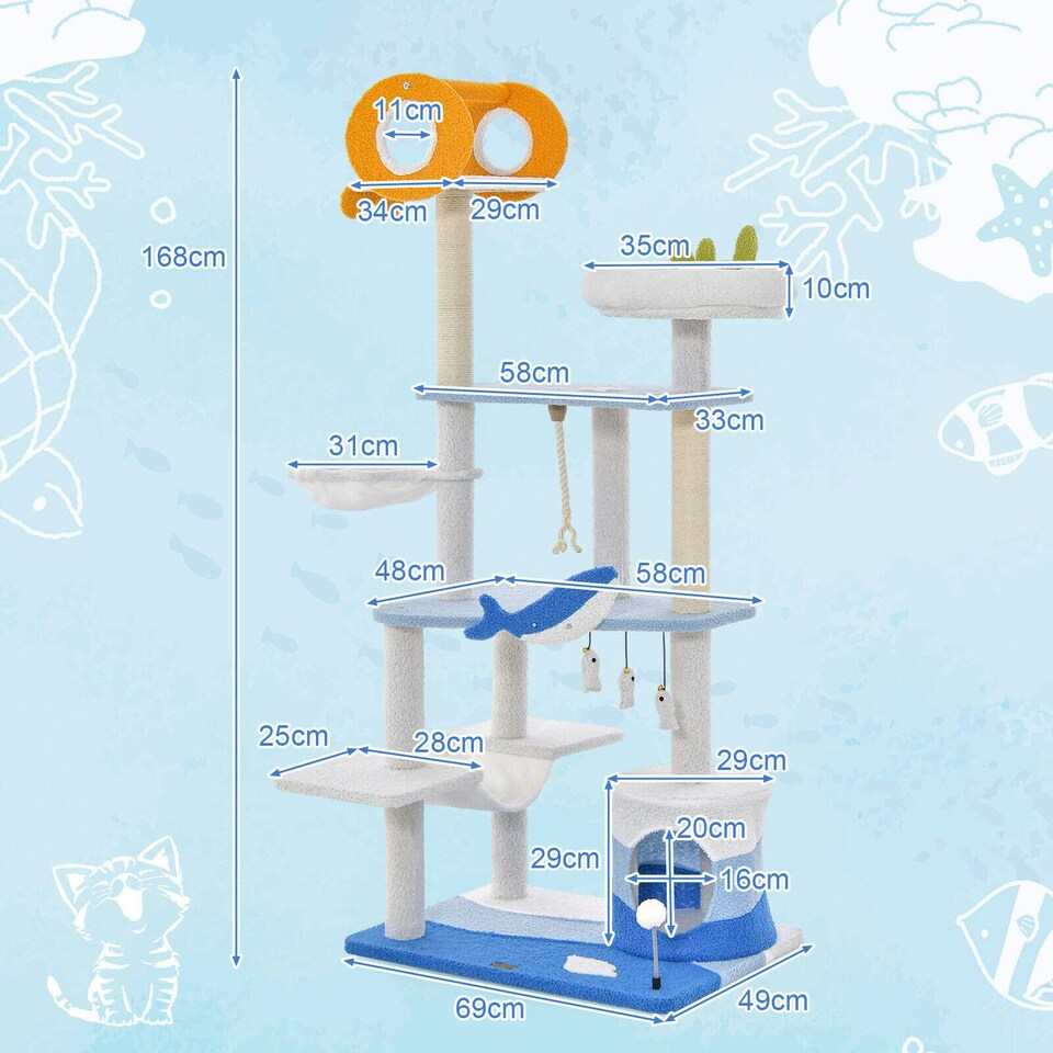 image 1 of COSTWAY Ocean-themed Cat Tree Tower Cat Activity Center