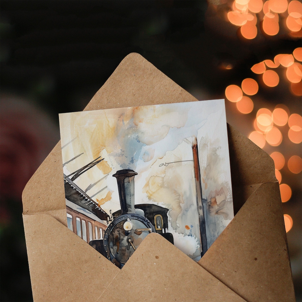 image 1 of Greeting Card Vintage Travel Steam Train Watercolour Farewell