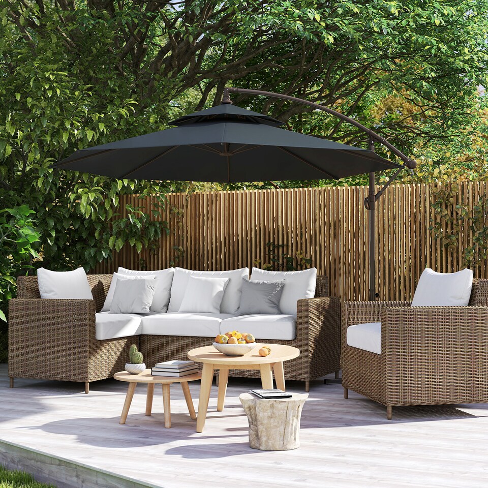 image 1 of Outsunny 2.7m Garden Banana Parasol Cantilever Umbrella with Crank Handle, Double Tier Canopy and Cross Base for Outdoor, Hanging Sun Shade, Black