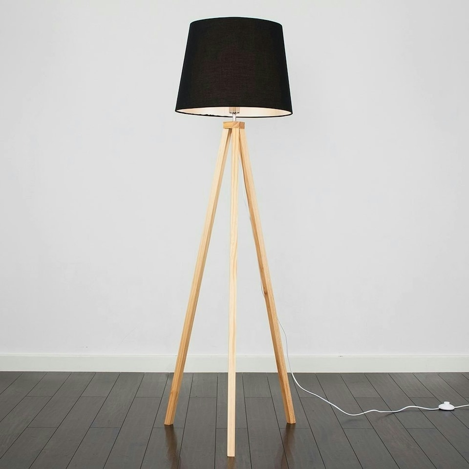 image 1 of ValueLights Barbro Wood Tripod Floor Lamp Black Taper Shade & Bulb