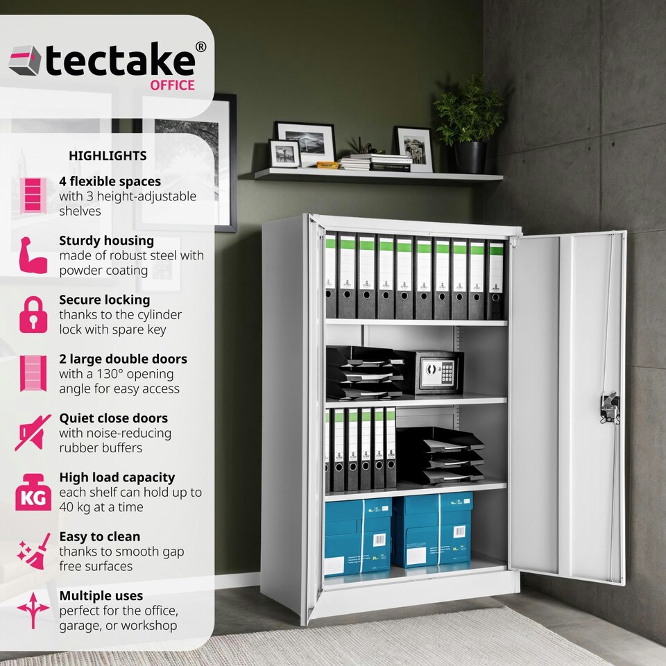 image 1 of Filing Cabinet - 4 adjustable shelves, lockable, 140 x 90 x 40 cm Grey