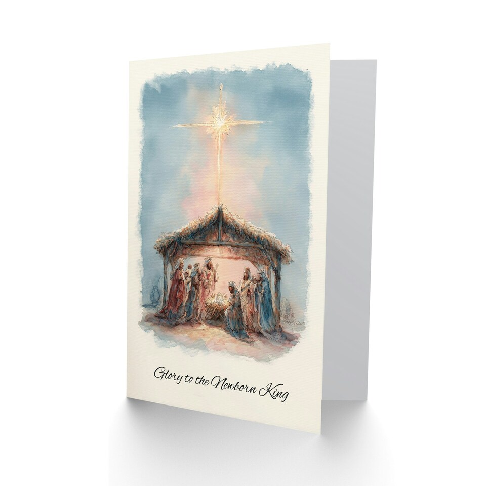 image 1 of Christmas Card Nativity Scene Glory To Newborn King Watercolour