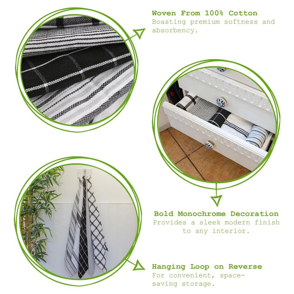 image 1 of Nicola Spring 5pc Cotton Tea Towel Set - 70cm x 50cm - Monochrome