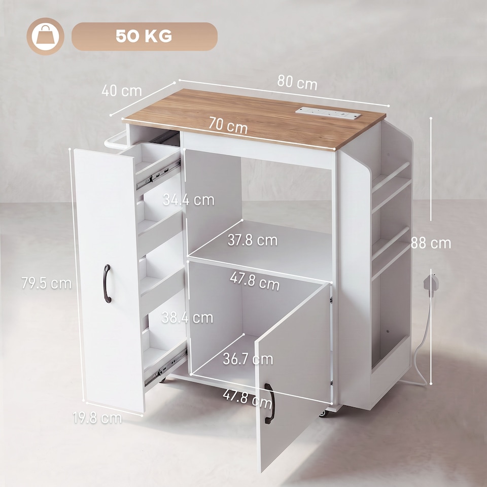 image 1 of HOMCOM Kitchen Trolley on Wheels, Rolling Kitchen Cart with Power Outlet