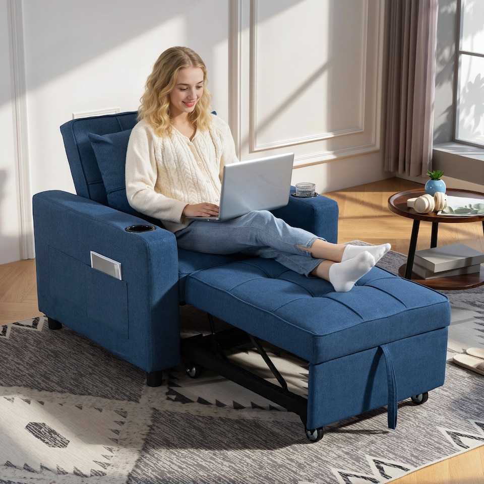 image 1 of HOMCOM 3-in-1 Single Sofa Bed, Convertible Sleeper Chair with Adjustable Backrest, Fabric Pull Out Chair Bed with Pillow, Side Pockets and Cup Holders for Living Room, Bedroom, Dark Blue | Blue
