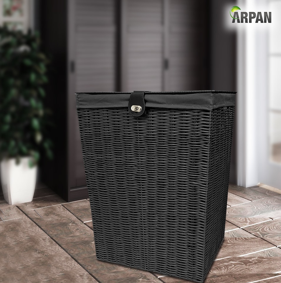 image 1 of Black Resin Laundry Clothes Basket with Lid, Lock & Removable Washable Lining – Wicker Effect Laundry Storage Hamper for Bedroom, Bathroom & Utility Room