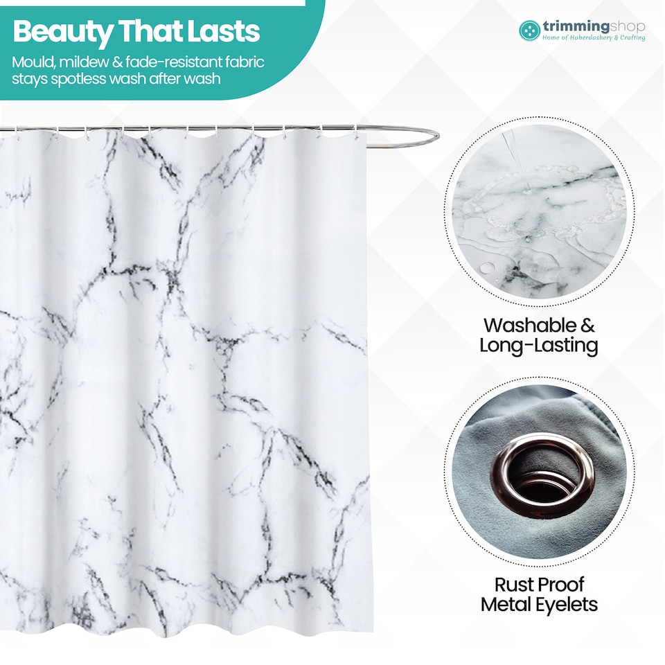 image 1 of Grey & White Marble Polyester Shower Curtain with 12 Hooks - 180x180cm