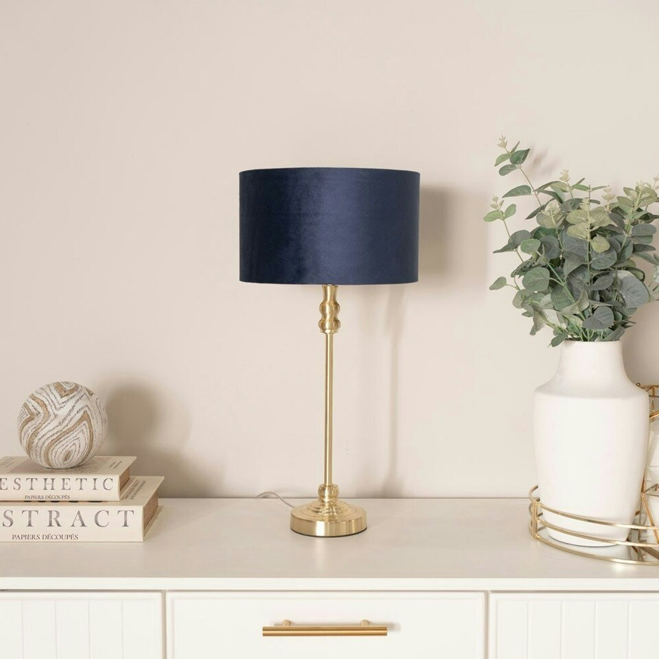 image 1 of ValueLights Maggie Gold Candlestick Table Lamp with Navy Blue Velvet with Gold Inner Lamp Shade