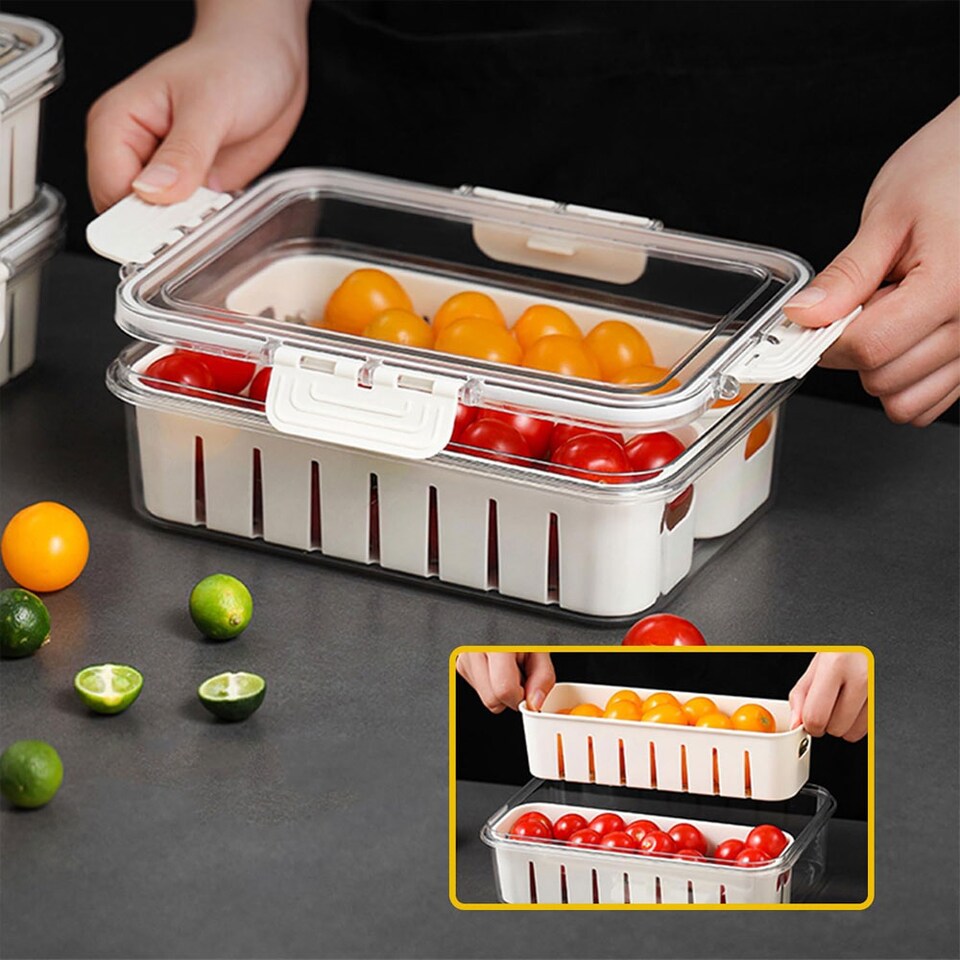 image 1 of Living and Home Food Storage Container with 2 Compartments for Fridge or Picnic,24cm W x 17cm D x 7cm H | White