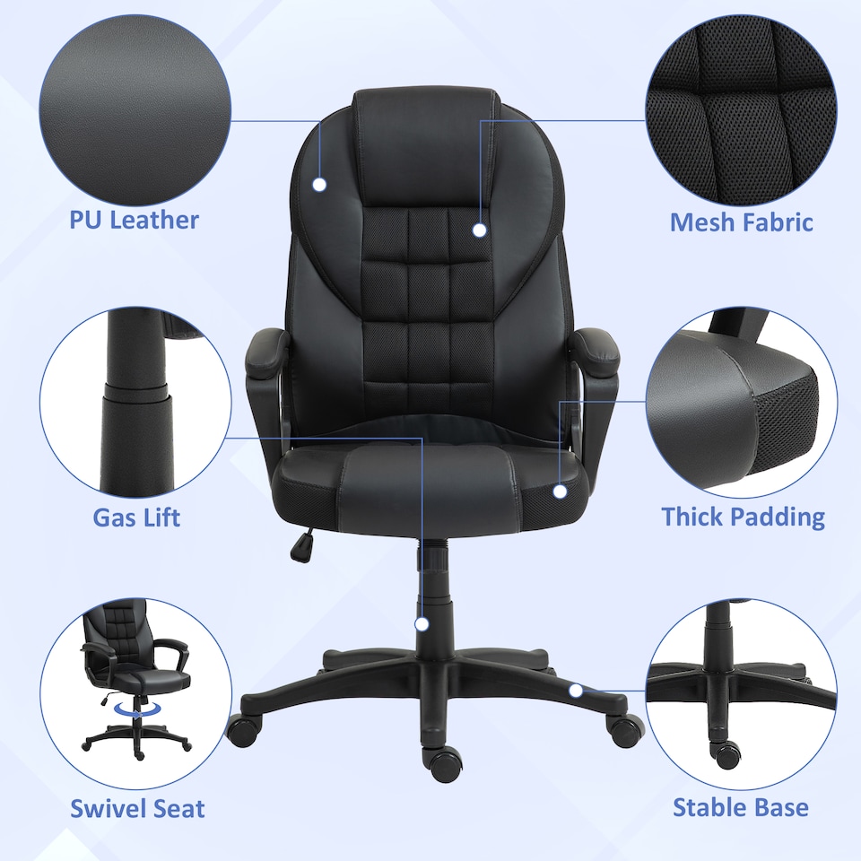 image 1 of HOMCOM Executive Office Chair, PU Leather High Back Desk Chair, Swivel Computer Chair with Adjustable Height and Tilt Function, Black