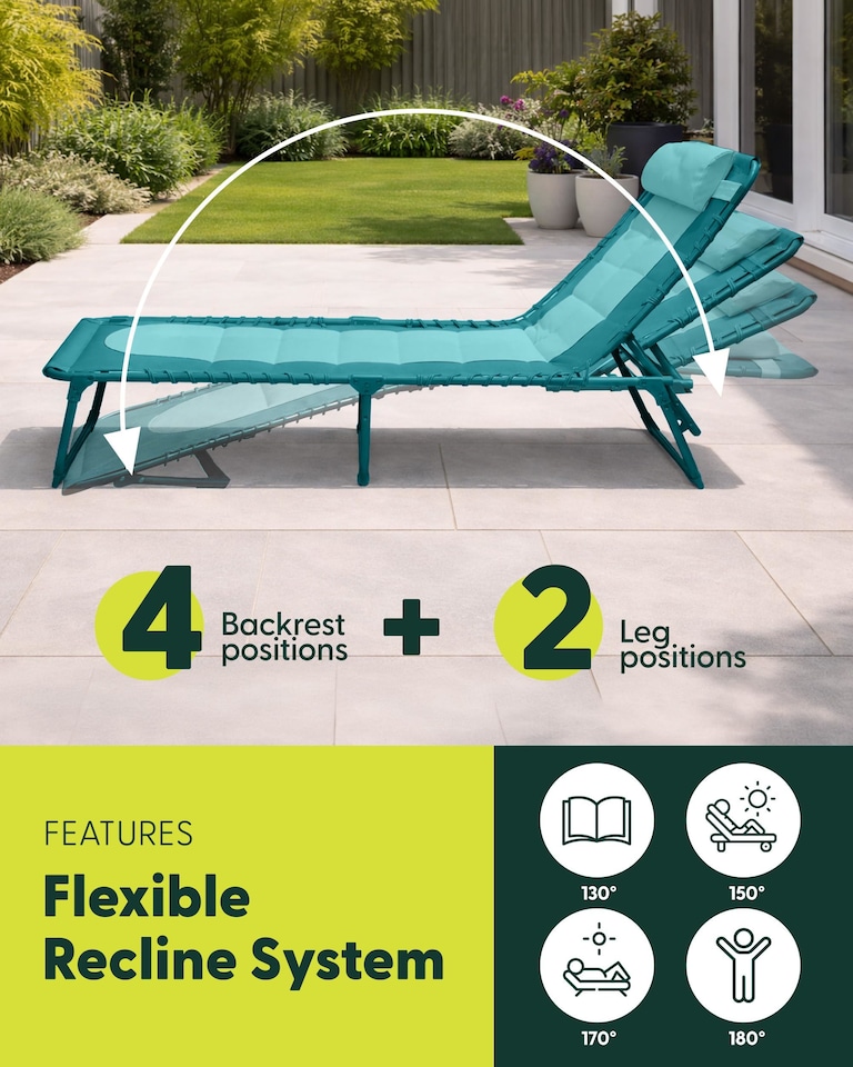 image 1 of Keplin Colour Block Foldable Sun Lounger 4 Position Padded Garden Recliner