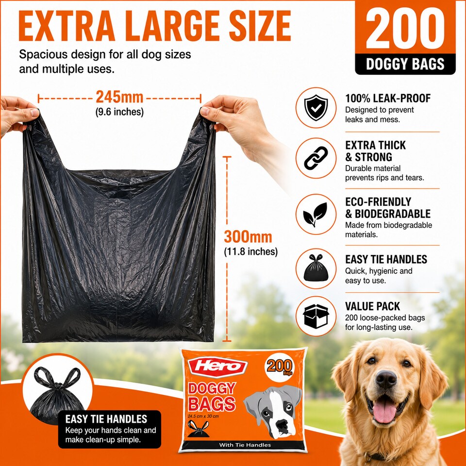 image 1 of Hero 200 Dog Poo Bags with Easy Tie Handles – Extra Thick, Strong & Biodegradable – 200 Pack
