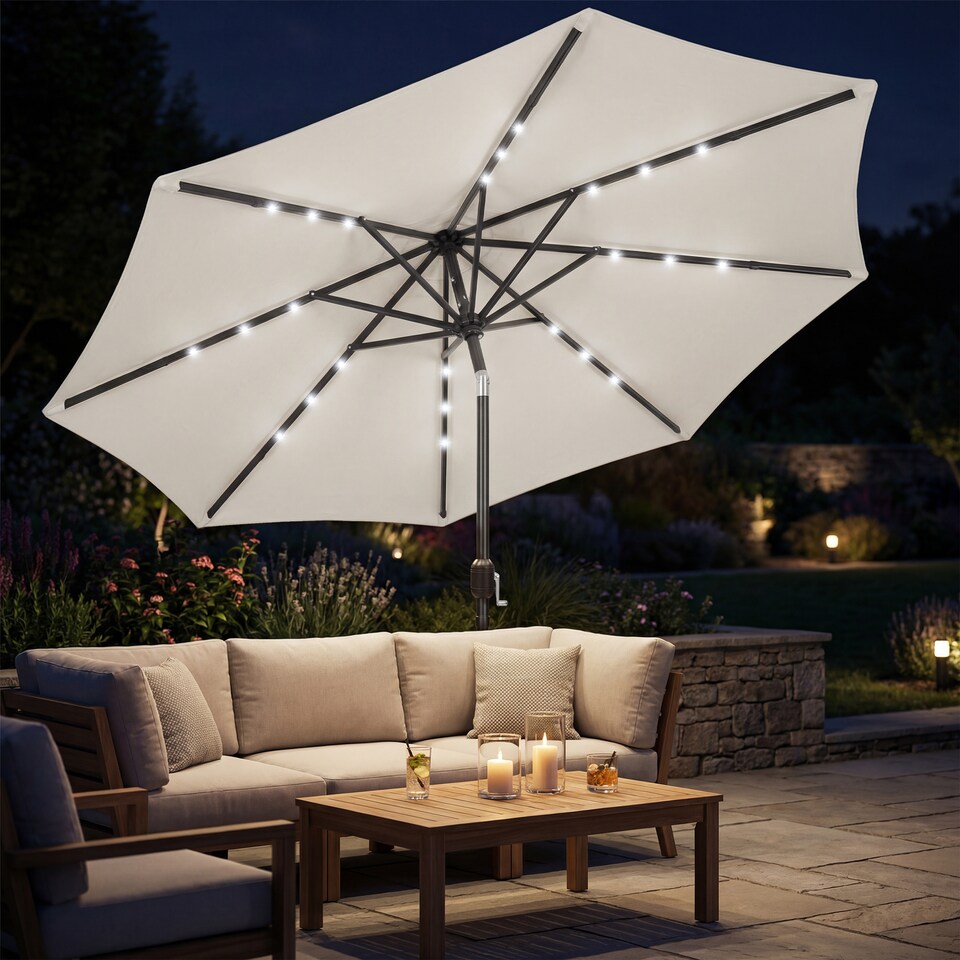 image 1 of Outsunny 2.6 m Garden Parasol Umbrella with Light, Outdoor Patio Umbrella | Cream | Cream White | 263 x 263 x 245 cm
