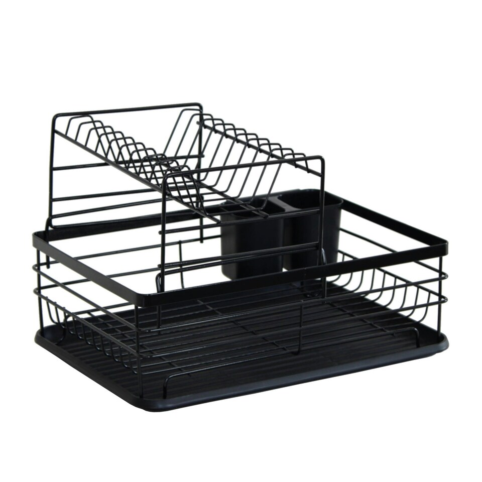 image 1 of Oypla 2 Tier Multifunction Dish Drainer Drying Rack with Cutlery Holder and Removable Tray Black
