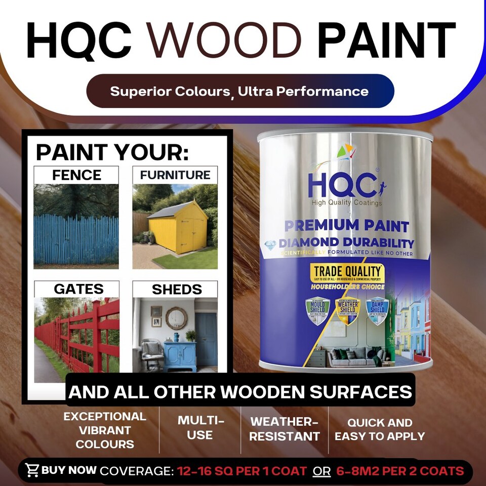 image 1 of HQC Wood Paint - Weatherproof for Fences, Gates, Sheds & Furniture - Sandstone - 10L