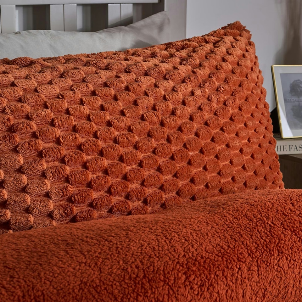 image 1 of OHS Luxury Waffle Textured Fleece Duvet Cover and Pillowcase Bedding Set Orange | Rust | Super King