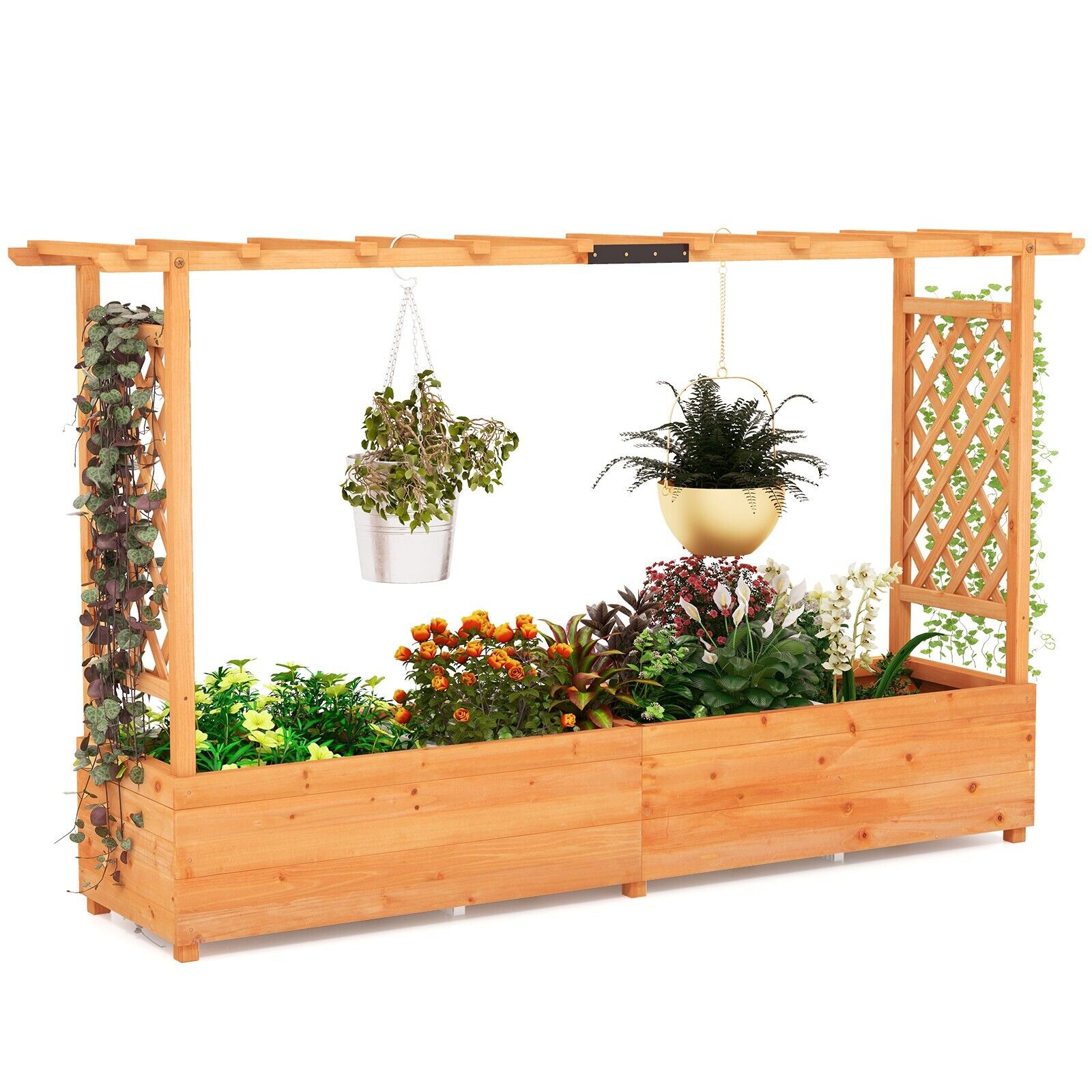 COSTWAY Raised Garden Bed Fir Wood Climbing Planter Box w/2-Sided Trellis