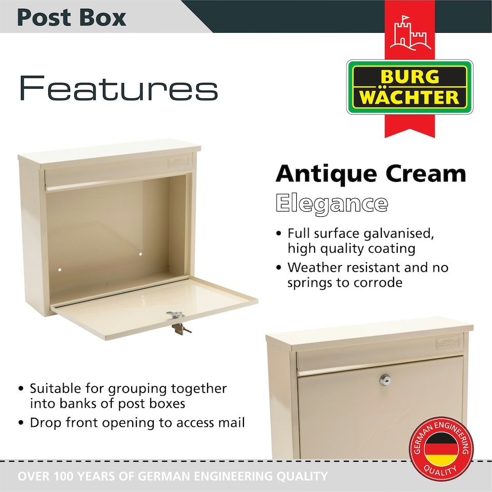 image 1 of Burg-Wachter Elegance Wall Mounted Galvanised Stell Lockable Weatherproof Ppost Box - 36x31x11cm Cream | Antique Cream
