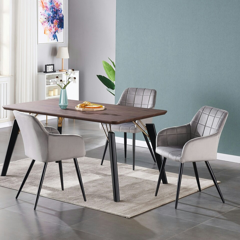 image 1 of Single Camden Modern Velvet Dining Chair with Armrests, Quilted Design & Black Metal Legs Grey | Light Grey
