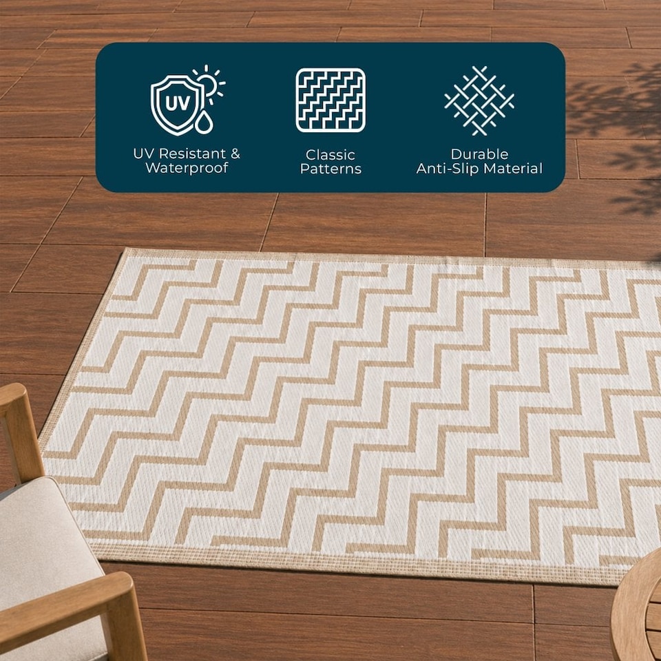 image 1 of Outdoor Plastic Rug Wool-Look Anti-Slip Durable Garden Patio Conservatory Carpet Mat - Beige ZigZag | Brown | Beige