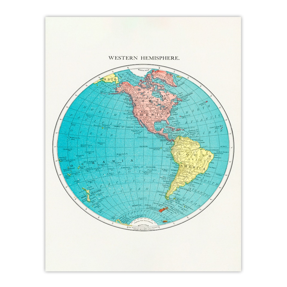 image 1 of Rand McNally and Co Framed Wall Art Print Western Hemipshere 1908 Map Home Décor