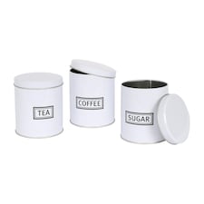 Harbour Housewares 3pc Round Metal Tea Coffee Sugar Canister Set - White