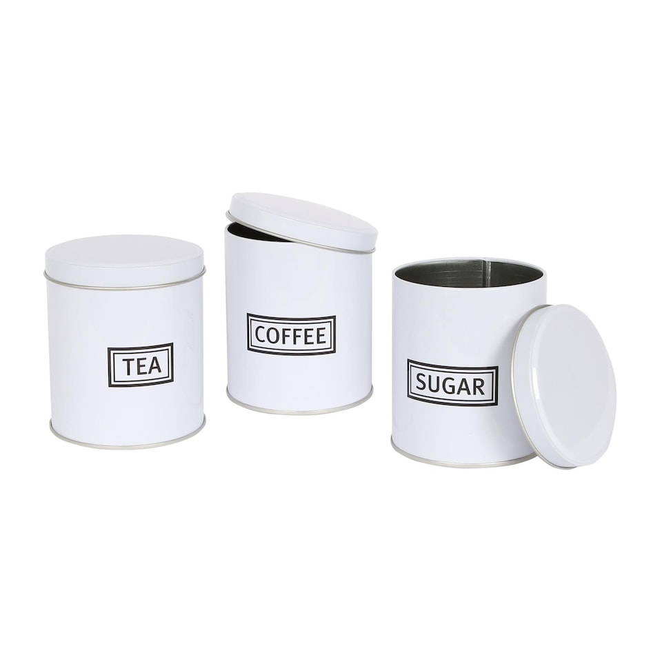 image 1 of Harbour Housewares 3pc Round Metal Tea Coffee Sugar Canister Set - White