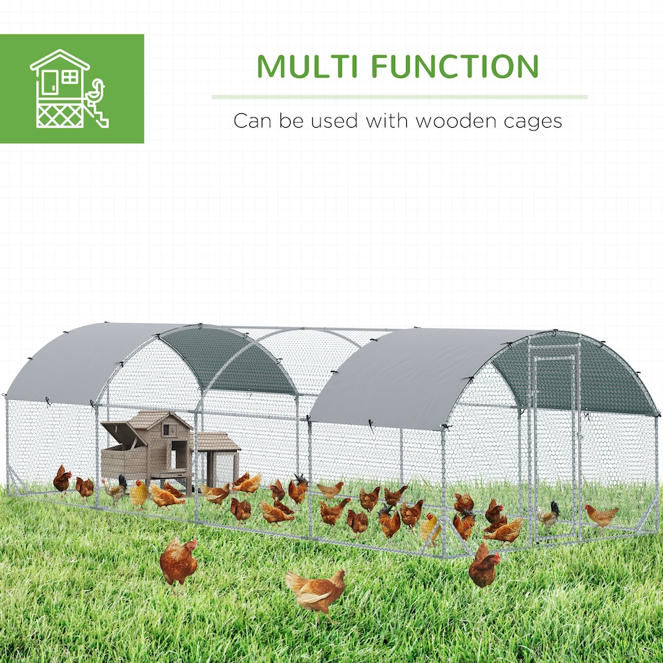 image 1 of PawHut Walk-In Chicken Run Galvanised Chicken Coop w/ Covers 7.6 x 2.8 x 2m | Silver