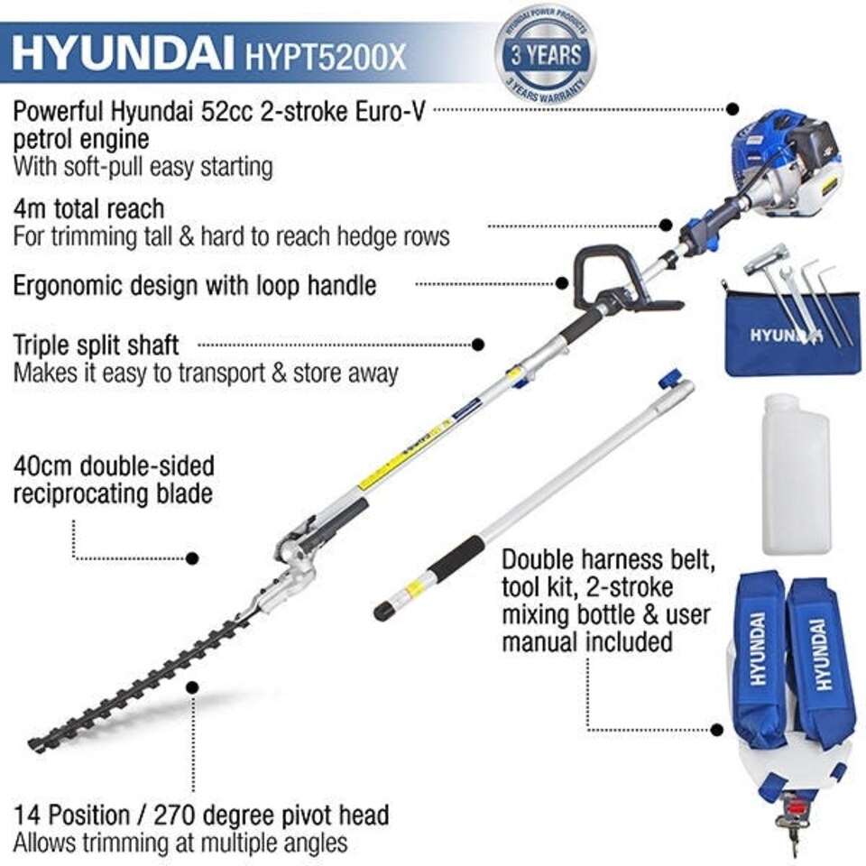 image 1 of Hyundai 52cc Long Reach Petrol Pole Hedge Trimmer/Pruner | HYPT5200X