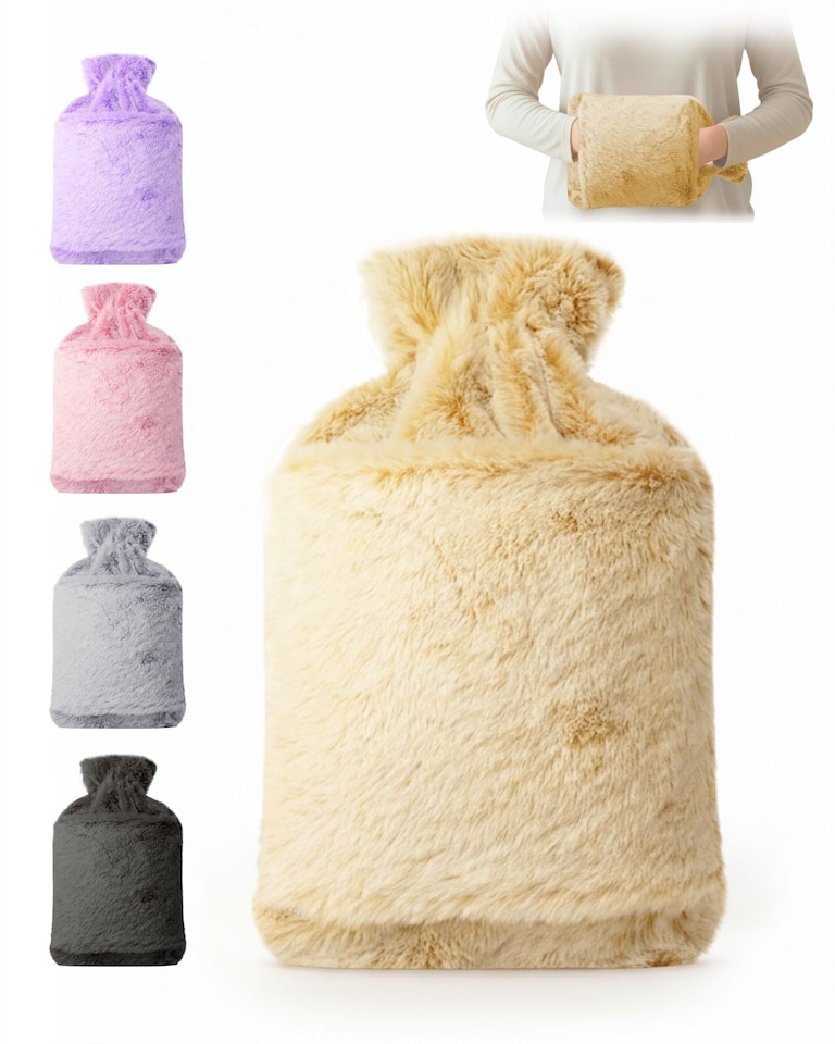 image 1 of Keplin Fluffy Faux Fur Hot Water Bottle 2 Litre with Hand Warming Cover