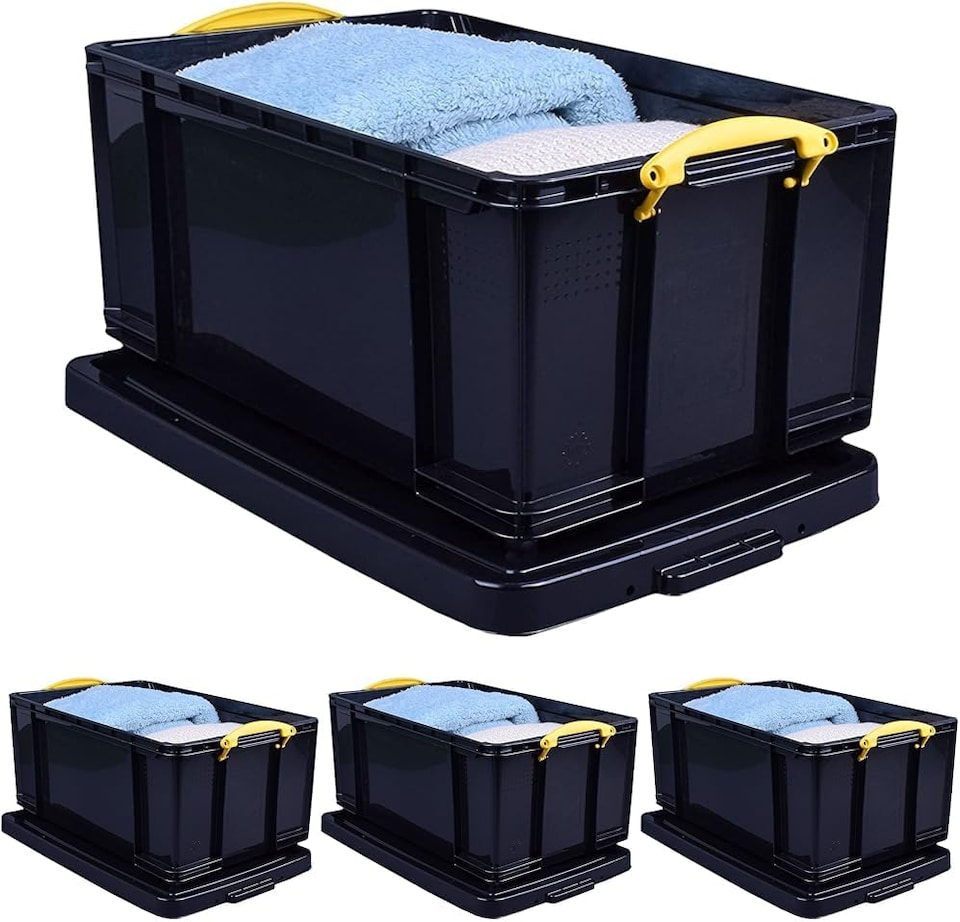 image 1 of Really Useful Box Plastic Storage 64 Litre Solid Black with Yellow Handles (Pack of 4)