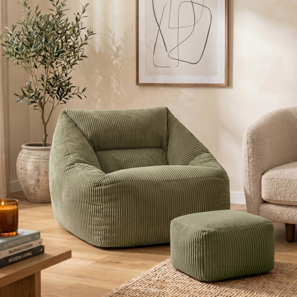 image 1 of Natalia Large Beanbag and Pouffe Set Corduroy Sage Green | Green | Green | XL | 2