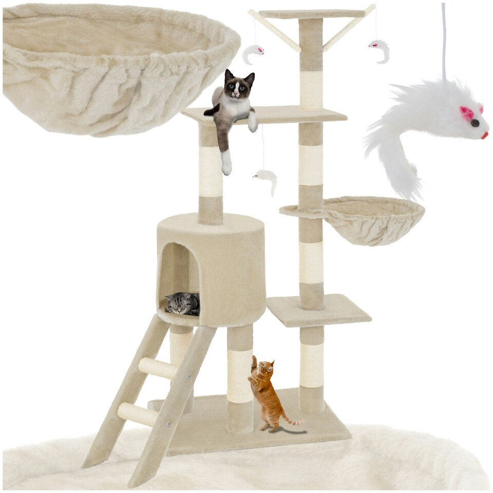 image 1 of Cat Tree Dominik - 144 cm, sisal cat scratching post, mice & anti-tip protection - Beige