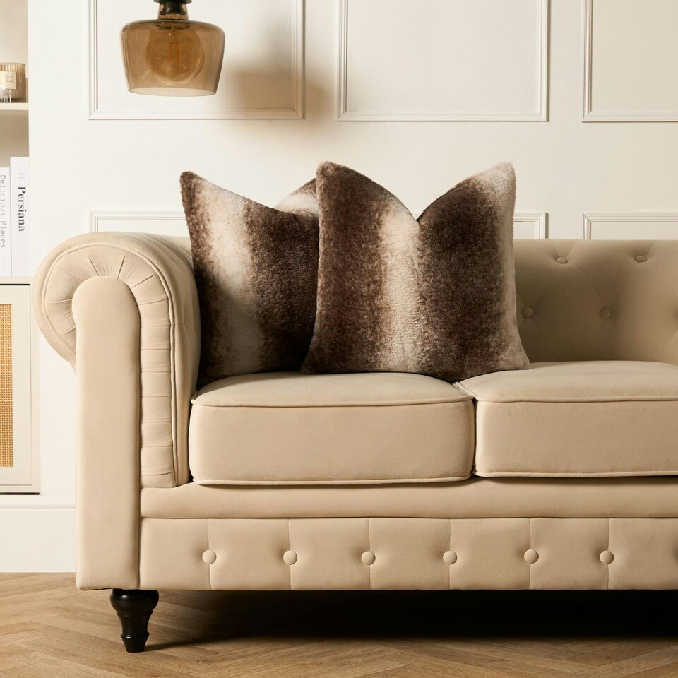 image 1 of OHS 2 x Faux Fur Striped Patterned Filled Cushions, 45x45cm - Brown