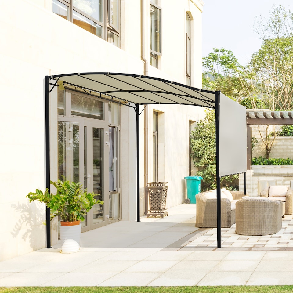 image 1 of Outsunny 3 x 2.5m Patio Metal Gazebo Door Window Awning Wall Mount Canopy Outdoor Sunshade with Extended Shelter Cream White